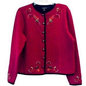 Icelandic Design Embroidered 100% Wool Button Up Jacket Black Velvet Trim